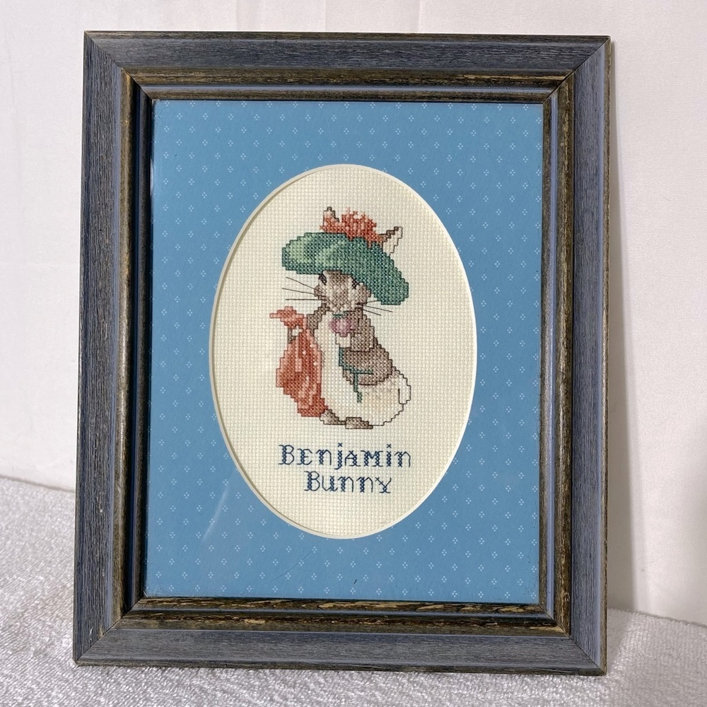Vintage Handmade Benjamin Bunny Framed Cross Stitch Art